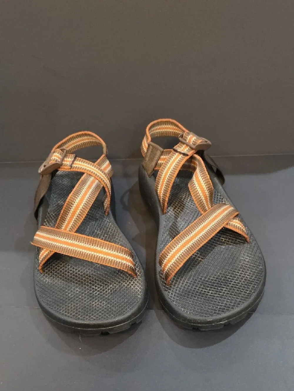 Chaco Men's Vibram Black Sandals with Brown and Orange Straps